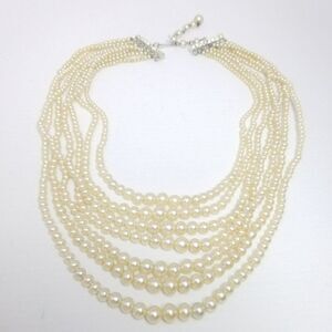 Vintage 14 Strand Faux Pearl Beaded Necklace, Graduated Size, Rhinestone